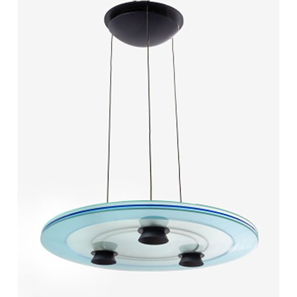 Lámpara de techo modelo "Aurora Azul", diseñada por Perry King & Santiago Miranda para Arteluce en vidrio templado, disco de fibra de carbono y metal pintado con 3 puntos de luz. Italia. Años 80