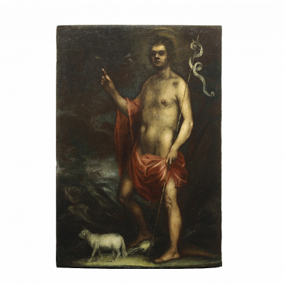 Escuela manierista italiana &quot;San Juan Bautista&quot;, Finales s.XVI.  Óleo sobre tabla. Representación de San Juan Bautista portando su característico báculo cruciforme con filacteria. Sin firma visible.