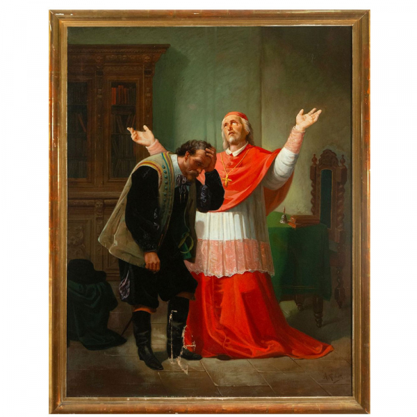 Antonio Gisbert "El cardenal y el caballero". Escuela Espa&ntilde;ola. Siglo XIX. Firmado.   &Oacute;leo sobre lienzo