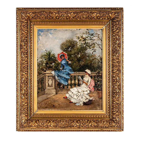 FRANCISCO MIRALLES (1848 - 1901) "Junto a la balaustrada". Óleo sobre tabla.