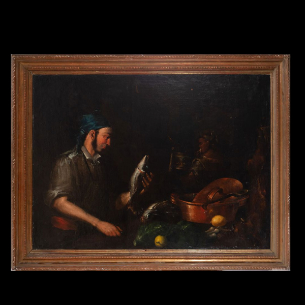 Importante Bodegón de Vendedor de Pescado, a la manera de Bernardo Strozzi, apodado "il Cappuccino" (Génova, 1581 - Venecia 1644) escuela Italiana del siglo XVII.