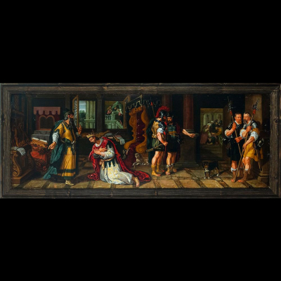 "El profeta Nat&aacute;n reprende al rey David" Escuela Holandesa, Siglo XVII.   &Oacute;leo sobre tabla.