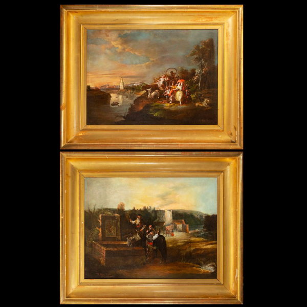 Espectacular Pareja de &quot;Escenas costumbristas&quot; Andaluzas, de Manuel Rodríguez de Guzmán, siglo XIX.  Óleo sobre lienzo