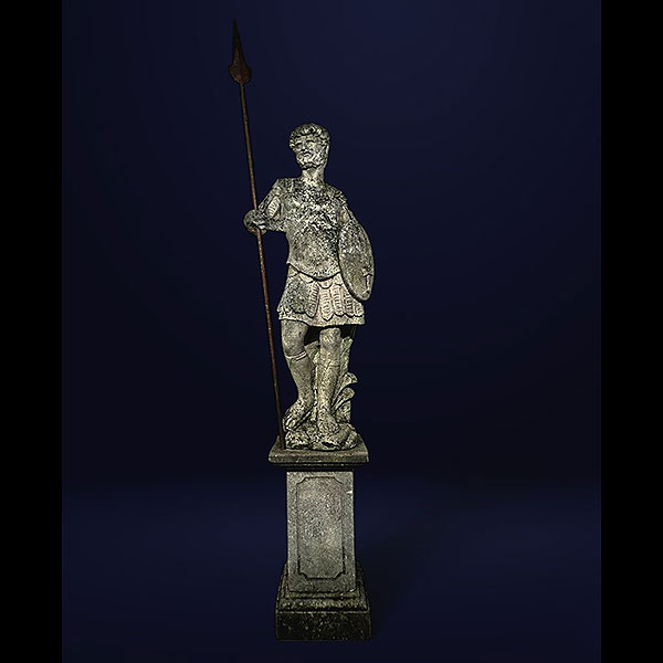 Gran escultura de guerrero romano, labrada en piedra caliza, siglo XIX.