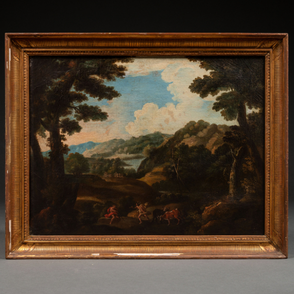 "Paisaje con escena de Paris y Mercurio"  Autoría: ESCUELA FRANCESA, Siglo XVIII 