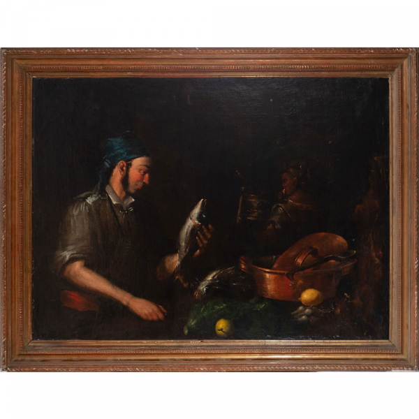 Importante "Bodegón de Vendedor de Pescado", a la manera de Bernardo Strozzi, apodado "il Cappuccino" (Génova, 1581 - Venecia 1644) Escuela Italiana del siglo XVII.