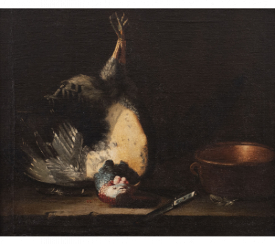 ATRIBUIDO A FRANCISCO BARRERA (c.1595-1658).  Bodegón con pavo, cuenco de reflejo metálico, pluma y cuchillo sobre un pedestal de piedra.  h. 1646- 1647. 