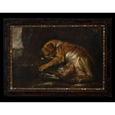 Gran óleo sobre lienzo de Leona amamantabndo a sus cachorros, manera de Paul de Vos, Paul de. J. J. P. P.. (Amberes, h. 1591/1595-1678). 