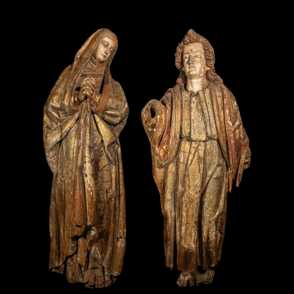 Excepcional pareja escultórica de "San Juan y Virgen María". Maestro Tardo Gótico Flamenco del siglo XV a inicios del siglo XVI.