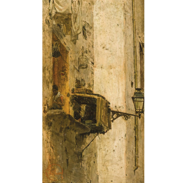 Mariano Fortuny.  "Muchacho en la ventana". Óleo sobre tabla. Firmado  
