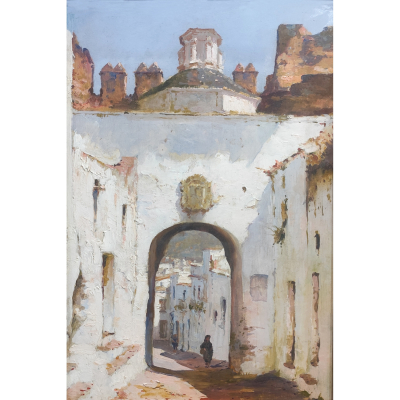 Atribuido a Manuel Fern&aacute;ndez (Carmona, Sevilla, 1927)  Arcos de la Frontera, C&aacute;diz.  &Oacute;leo sobre tabla.  
