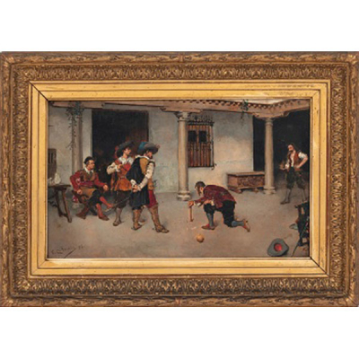 VICENTE CUTANDA  (Madrid 1850-1925) &quot;Mosqueteros jugando a los bolos&quot; Firmado: V. Cutanda 88  Óleo / Tabla