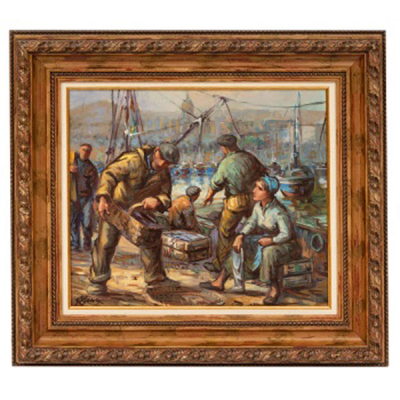 JUAN AMADEO CALLE ALBERDI  (Bilbao - 1929) &quot;Arrantzales descargando pescado&quot;