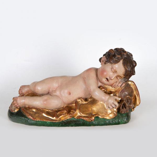 Niño Jesús Dormido, Giovanni Battista Morelli (Roma, ? – Madrid, 1669), escuela italiana del siglo XVII.    En terracota policromada,