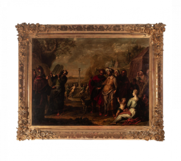 Abraham Willemsens (Amberes, 1614-1672).  Moisés con las Tablas de la Ley.  Óleo sobre cobre. Firmado y fechado en 1667.