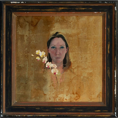 &quot;Retrato femenino sobre fondo dorado&quot;, firmado Lain Fauikner, Escuela Contemporánea, Siglo XX.    Óleo sobre tabla