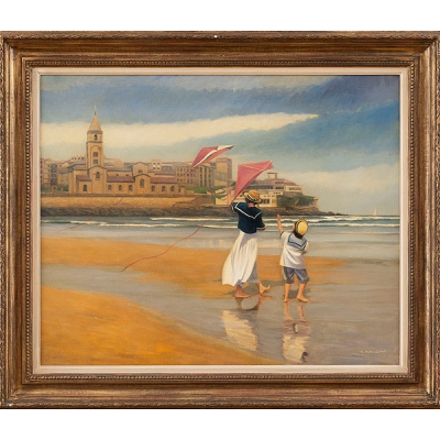 CARLOS COBIÁN Mujer y niño con cometa en la playa