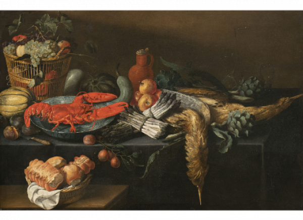 ESCUELA DE AMBERES, H. 1650 Bodegón con espárragos, alcachofas, un melón y otras frutas en una canasta, caza muerta, una langosta en un cuenco de porcelana y una canasta llena de bollos