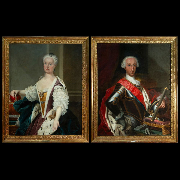 Excepcional pareja de Retratos Mallorquines de Carlos III y María Amalia de Sajonia.   Óleo sobre lienzo.