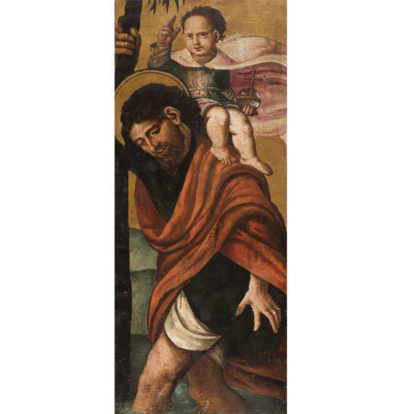 MESTRO DEL GRIFO (S. XVI)   "San Crist&oacute;bal". &Oacute;leo sobre tabla. Marco en madera tallada y dorada, S. XIX.