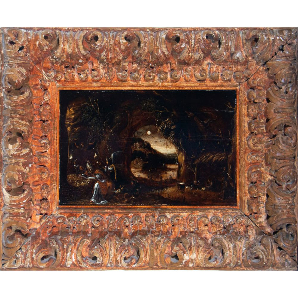 "Paisaje con San Nicolás en Lectura", Escuela Flamenca del siglo XVI - XVII.  Óleo sobre tabla