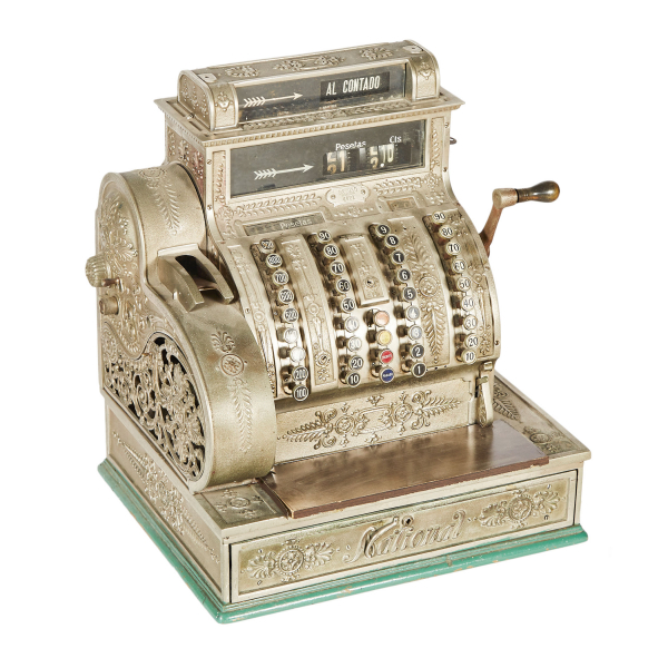 M&aacute;quina registradora National en hierro fundido con decoraciones Art Noveau, c.1900-1920.
