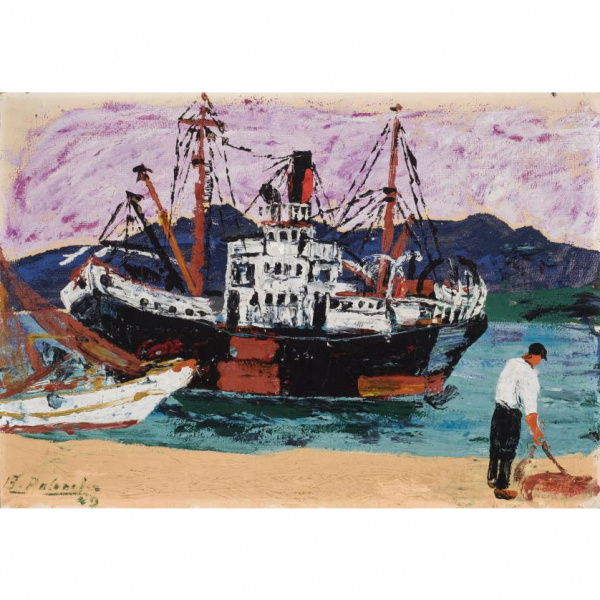 Benjamín Palencia.   "Puerto (1949)". Óleo sobre tabla. Firmado y fechado (49) en el ángulo inferior izquierdo.