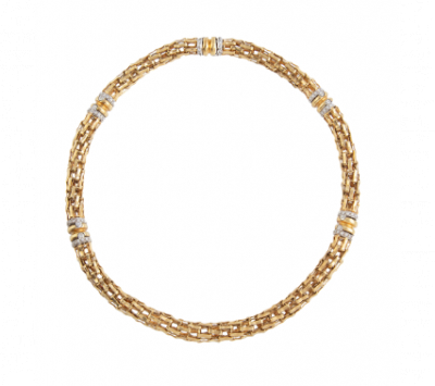 Conjunto de collar, pulsera y pendientes en oro amarillo de 18K con engaste de brillantes en oro blanco.