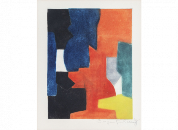 SERGE POLIAKOFF (Moscú, 1900 - París, 1969).  Composition bleu, rouge, vert et noire, 1958.   Aguafuerte y aguatinta.