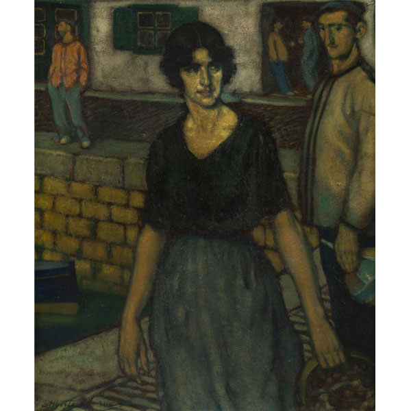 "Sardinera en el puerto"  ALBERTO ARRUE(Bilbao, 1878 -Llodio, 1944). &Oacute;leo/cart&oacute;n. 