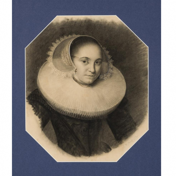 Escuela Francesa S. XVIII   "Retrato de dama a la manera holandesa". Carboncillo sobre papel.