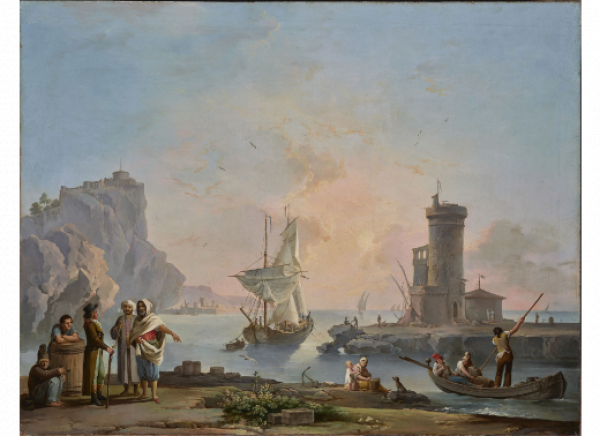 MANUEL CAMARÓN Y MELIÀ (Segorbe, 1763-1806)  Paisaje con cazador y pastores y Vista costera con figuras.  Hacia 1795-1800.  