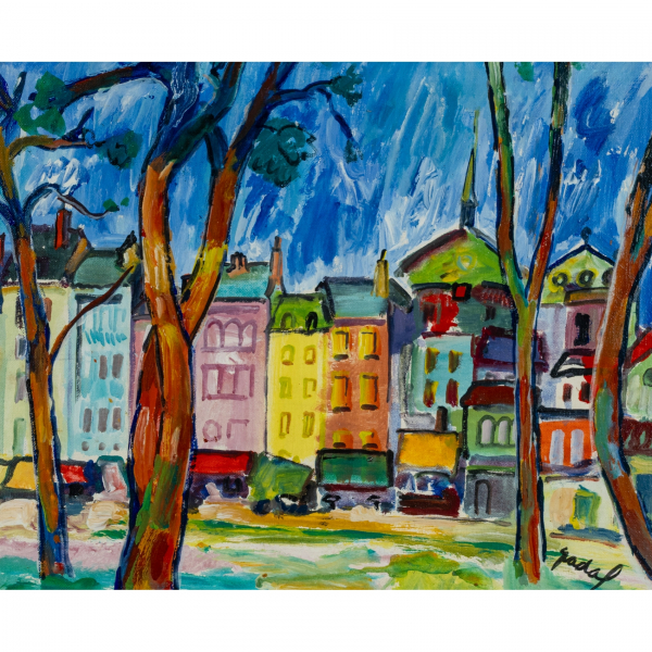 Carles Nadal Ferreres (Par&iacute;s, Francia, 1917-Sitges, Barcelona, 1998).  Saint Tropez.  T&eacute;cnica mixta sobre tela. Firmado.  