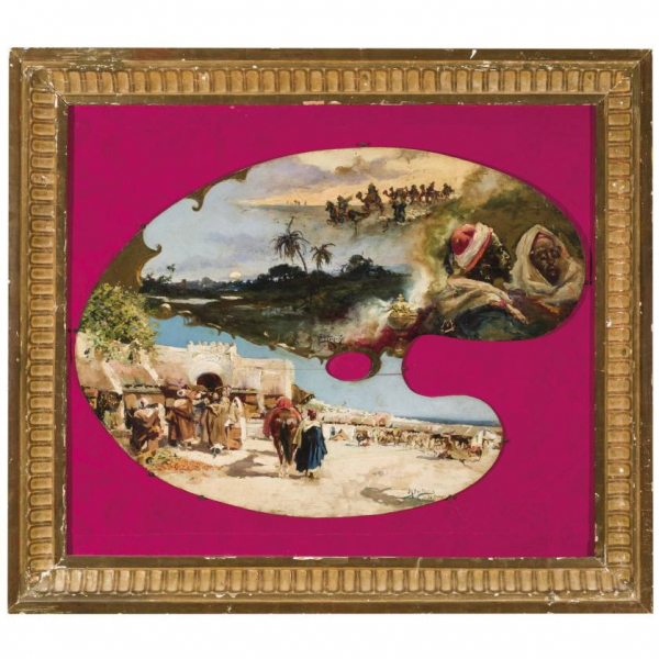 Mariano Bertuchi y Carlos Moreu. "Escenas marroquís (1899)". Óleo sobre paleta de pintor. 