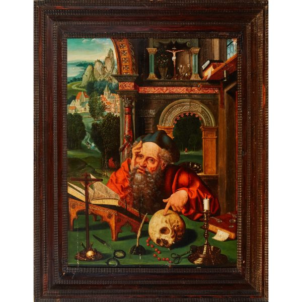 Atribuido a Joos van Cleve (Cleves, Alemania, 1485-Amberes, Bélgica, 1540)  San Jerónimo en meditación.  Óleo sobre tabla. 