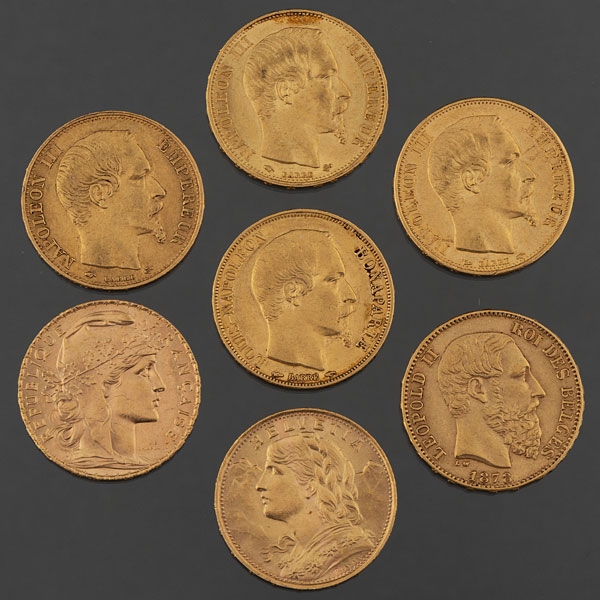 Conjunto de 7 monedas en oro amarillo de 22kt de 20 francos, Helvetia, Napoleón III, Leopoldo II, Luis Napoleón, República