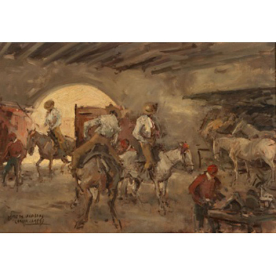 LUIS GARCÍA CAMPOS   (Bilbao 1928 - 2011)  &quot;Patio de caballos&quot;  Firmado: Garcia Campos  Óleo / Lienzo 