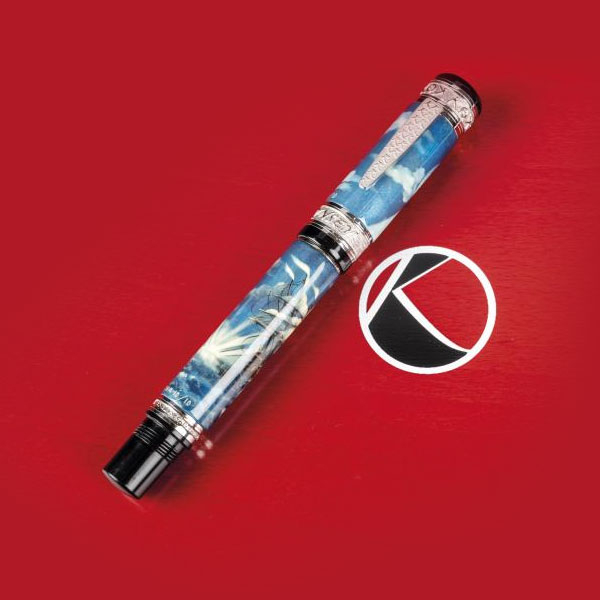 Pluma Kynsey Tormenta.   Estilogr&aacute;fica realizada en t&eacute;cnica de pintura miniaturista rusa por "Natroyka. Plum&iacute;n de oro de 18 K.