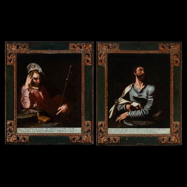 Escuela de Luis Tristán (Toledo, 1586 - 1624) - Pareja de Retratos de San Bartolomé y Santiago el Mayor.  