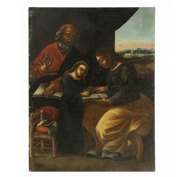 Escuela española s.XVII "Santa Ana enseña a leer a la Virgen"   Óleo sobre lienzo 