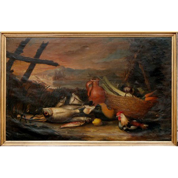 JOSÉ MARÍA CORCHÓN  (S. XIX) "Bodegón de aves, peces y vista de ciudad al fondo"