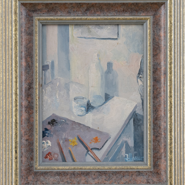 "Bodegón de paleta de pintor, botella y vaso"  JOSÉ MANUEL ÁBALOS(San Sebastián, 1947)