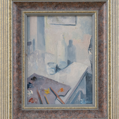 &quot;Bodegón de paleta de pintor, botella y vaso&quot;  JOSÉ MANUEL ÁBALOS(San Sebastián, 1947)