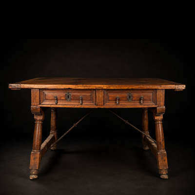 Mesa frailera de cuatro cajones, Escuela Espa&ntilde;ola, Siglo XVII.   Madera de nogal tallada y ensamblada con herrajes de hierro forjado.