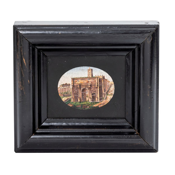 Placa en mármol con mosaico italiano representando "Panteón". Época Victoriana. Marco en madera.  S. XIX