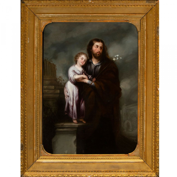 Siguiendo modelos de BARTOLOMÉ ESTEBAN MURILLO (Sevilla, 1617-1682) - San José y el Niño Jesús, siglo XVIII.   Óleo sobre lienzo.
