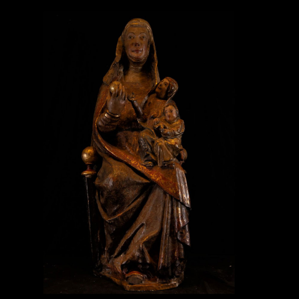 Gran Triple Virgen Tardo Románica transición al Gótico Hispano Flamenco, siglos XIV a principios del XV. En madera policromada.