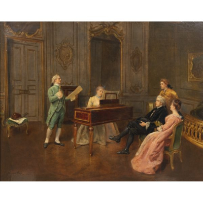 Maurice Blum (Francia, 1832-1909)  Interior con clase de m&uacute;sica.  &Oacute;leo sobre tela. Firmado.