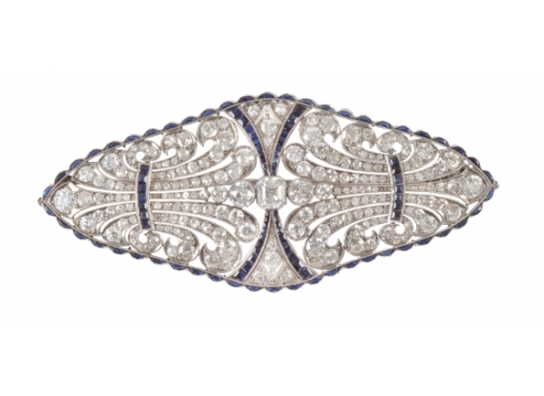 Gran broche placa Art-Decó de brillantes y zafiros con delicado diseño en forma de rombo