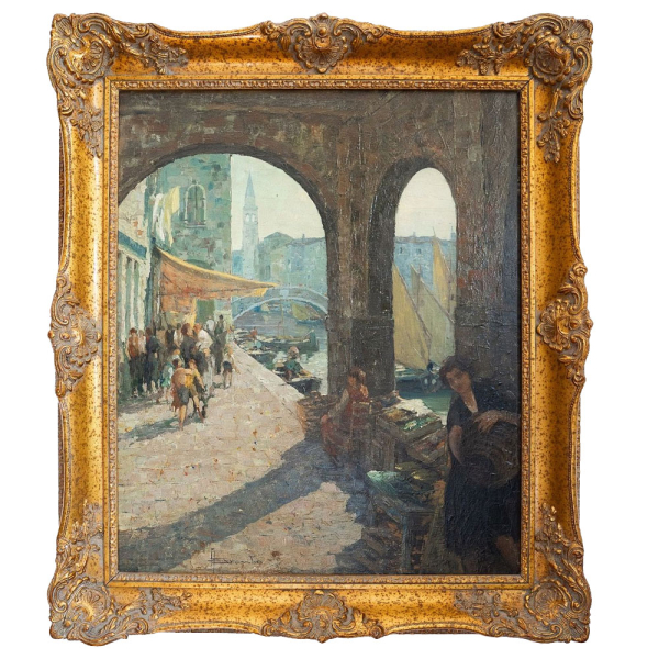 Angelo Brombo (Chioggia, 1893–1962) "Escena de mercado en Chioggia". Óleo sobre tabla.